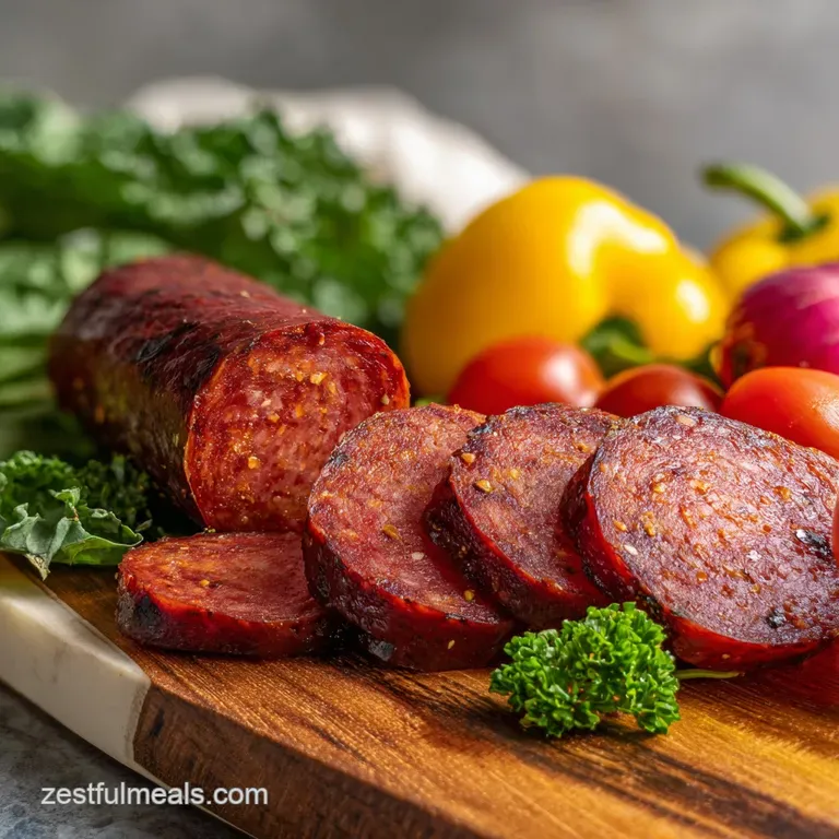 Arrangement of glistening, sliced sausage on a plate, the dark meat contrasted against a bright dill sprig garnish. Looks ...