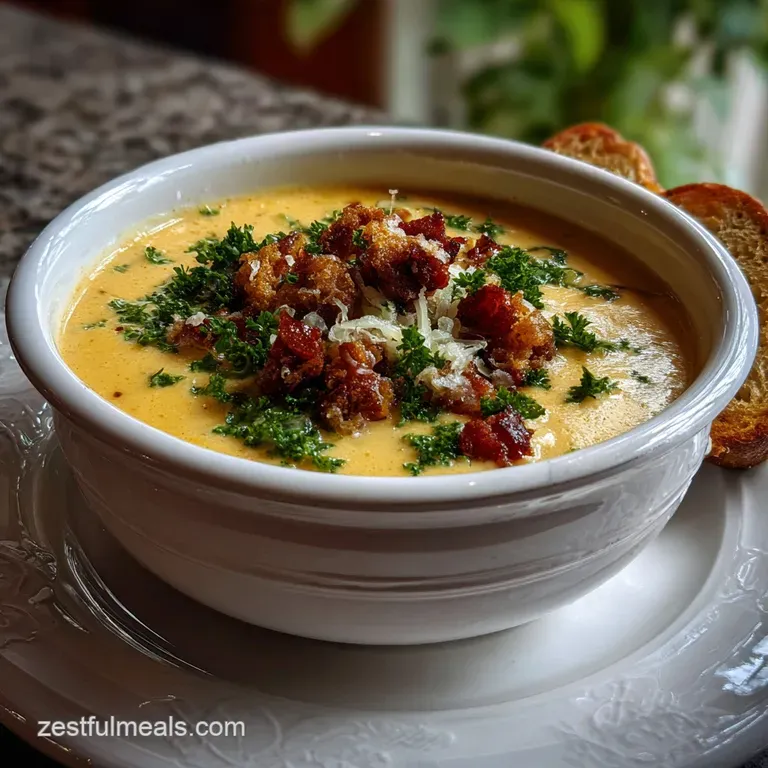 Elegant bowl of golden cheese soup garnished with fresh chives and crunchy croutons. Inviting creamy texture.
